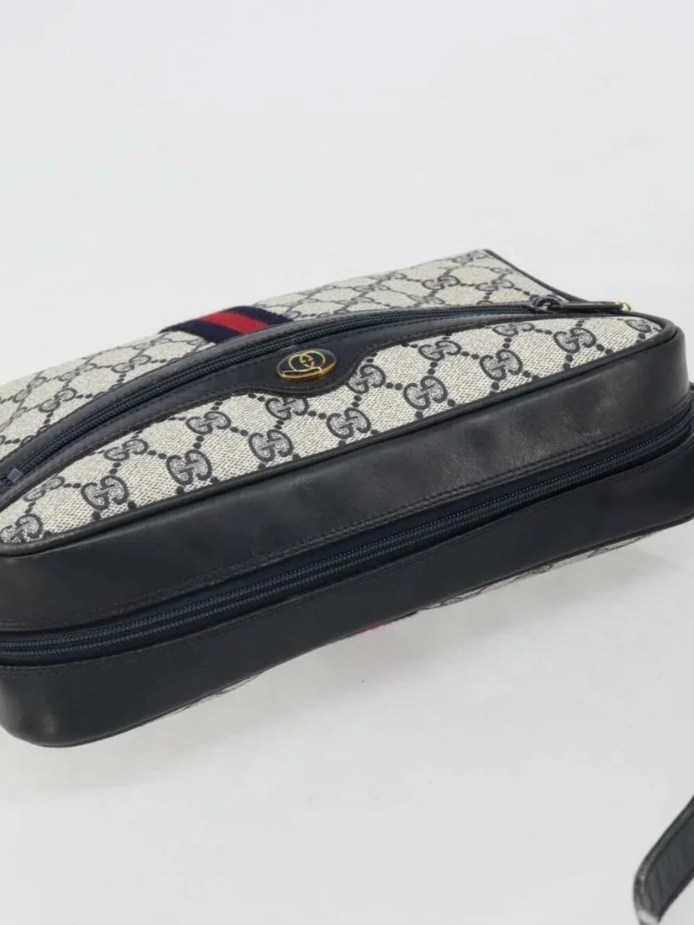 GUCCI GG Supreme Sherry Line Shoulder Bag PVC Navy Gold Auth 185719